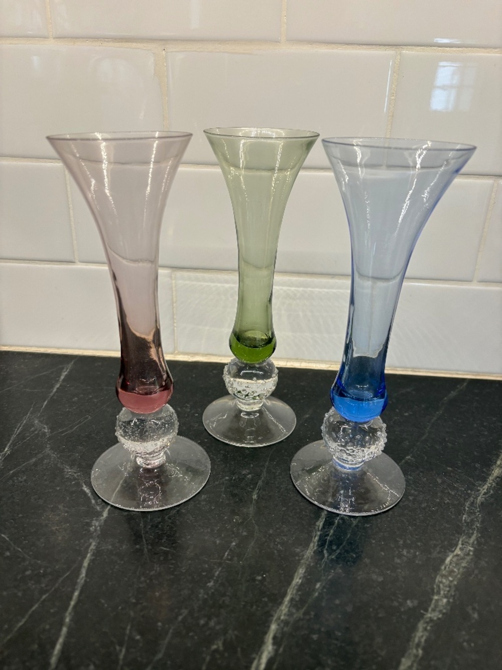Vintage Art Glass Multicolored Cordial Glasses, Vases Ice Ball, bubble base
